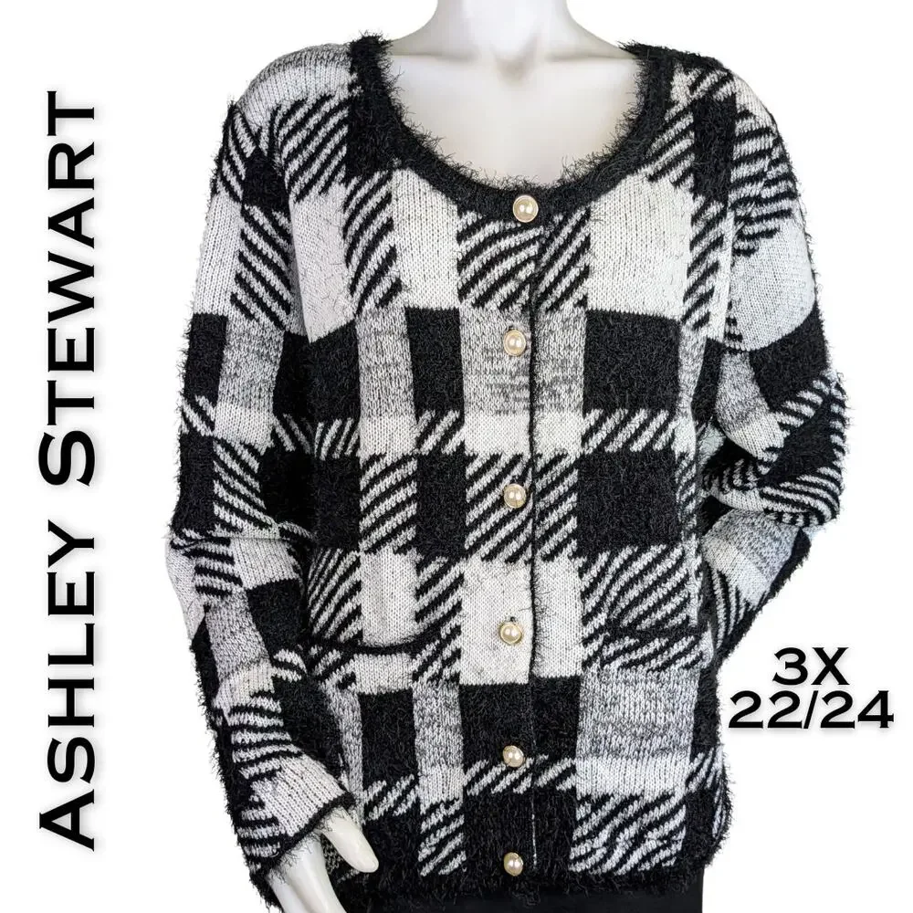 Ashley Stewart Cardigan Sweater 3X Black White Buffalo Check Fuzzy Knit Preppy